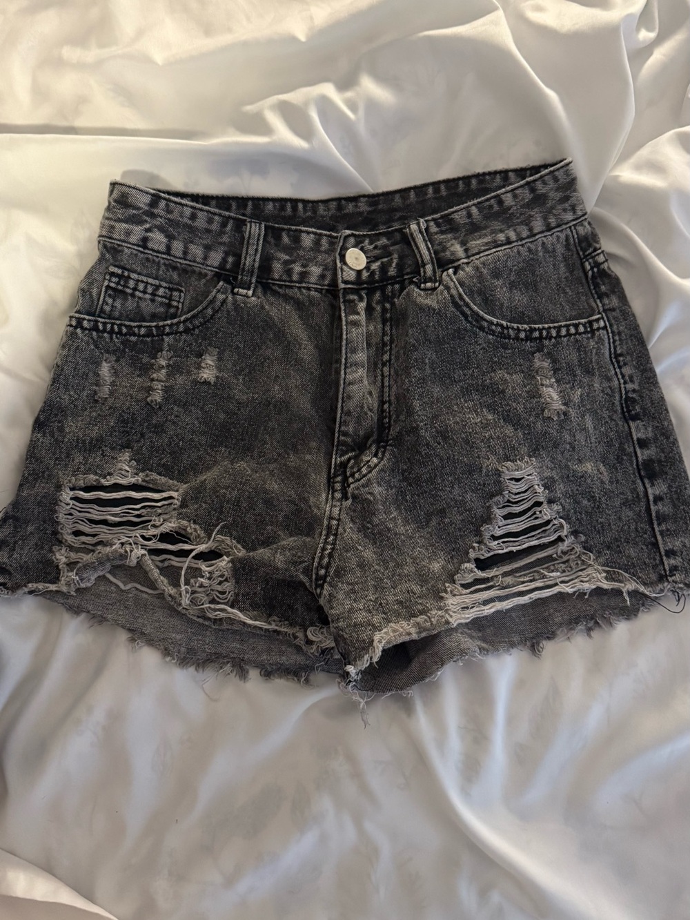 SHEIN Black Washed Distressed High-Rise Denim Shorts